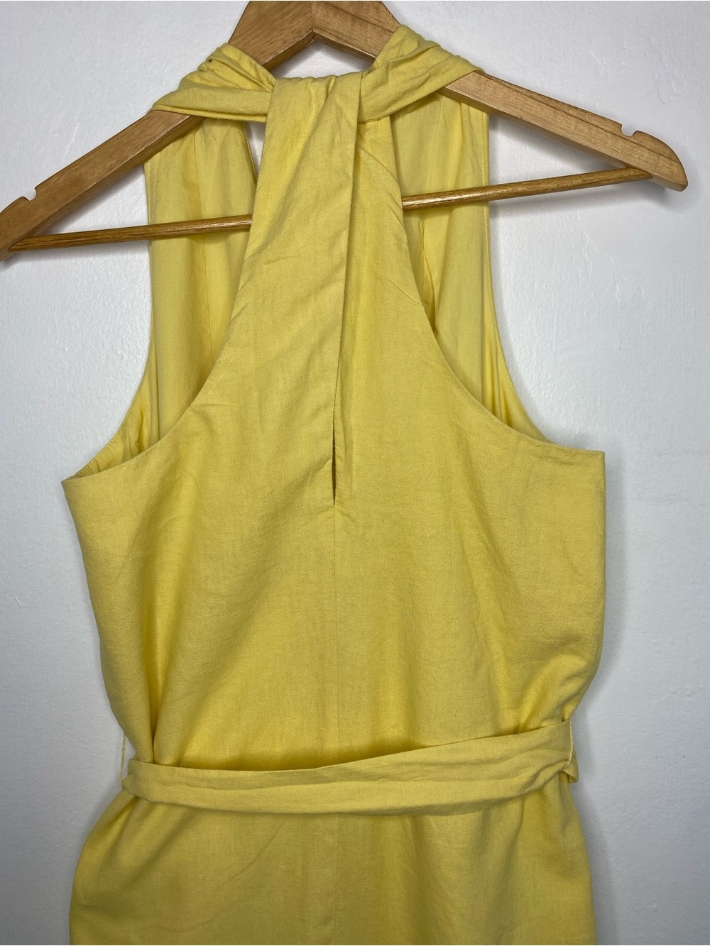 Linen-Blend Twist-Back Midi Dress Size M Pastel yellow Resort Vaca - Picture 7 of 11